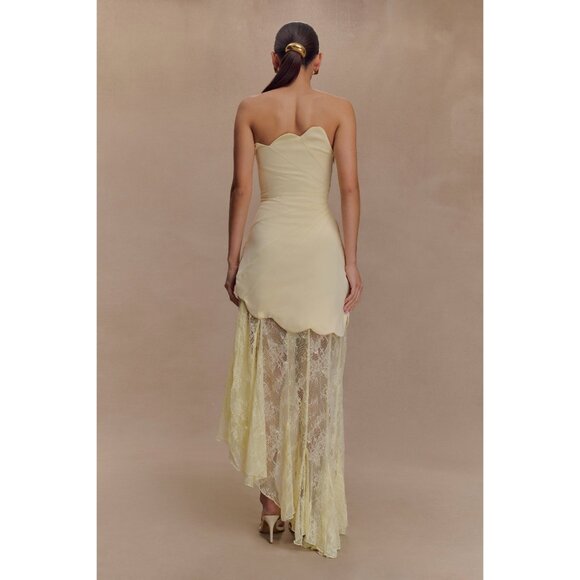 Meshki Aleena Satin & Lace Underlay Maxi Midi Asymmetrical Scallop Trim Dress - Picture 2 of 13